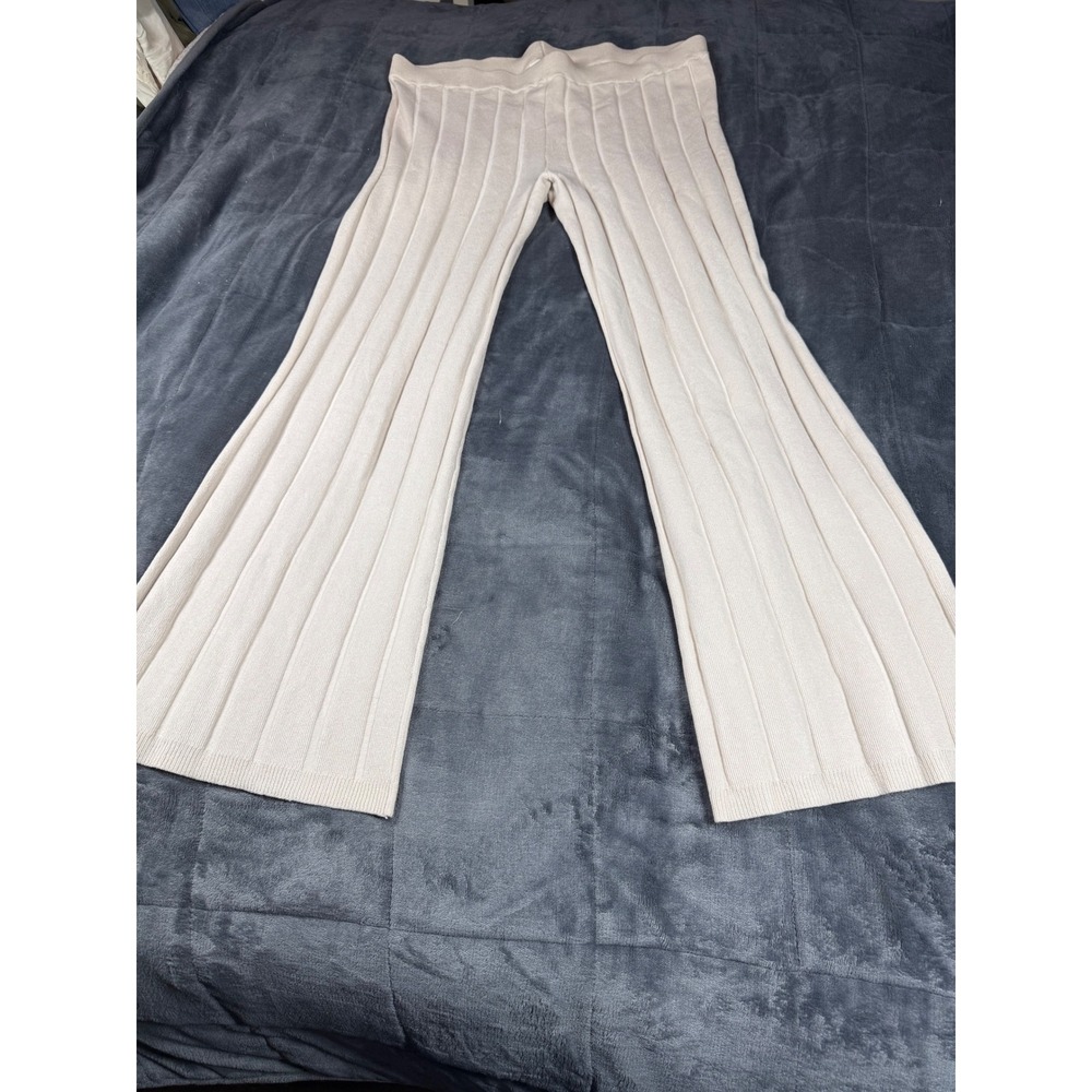 HM Womens Ribbed Knit Wide Leg‎ Pants Beige High Rise XL New 0988727 3